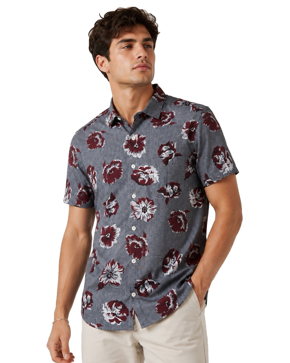 Express Men’s Slim Soft Wash Floral Shirt Gray Burgundy Size Large NWT